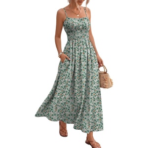 image:imageLILLUSORY Women Floral Maxi Dress Summer Spaghetti Strap Smocked Boho Beach Vacation Long Flowy Sundress with PocketsGreen White