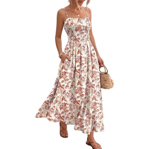 image:imageLILLUSORY Women Floral Maxi Dress Summer Spaghetti Strap Smocked Boho Beach Vacation Long Flowy Sundress with PocketsOrange Pink
