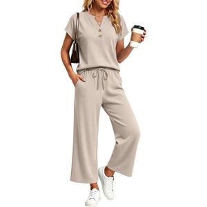 image:imageLILLUSORY Womens 2 Piece Lounge Travel Outfit Soft Breathable Lyocell Henley T Shirt and Wide Leg Pant SetsBeige