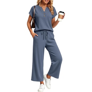 image:imageLILLUSORY Womens 2 Piece Lounge Travel Outfit Soft Breathable Lyocell Henley T Shirt and Wide Leg Pant SetsBlue