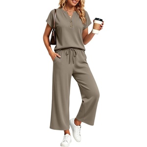 image:imageLILLUSORY Womens 2 Piece Lounge Travel Outfit Soft Breathable Lyocell Henley T Shirt and Wide Leg Pant SetsCoffee