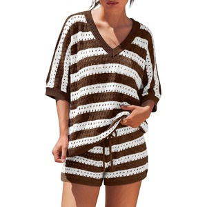 image:imageLILLUSORY Womens Crochet Striped Short Sets Two Piece Mesh Knit Beach Cover Ups V Neck Summer Vacation Outfits Lounge PajamasCoffee White Stripe