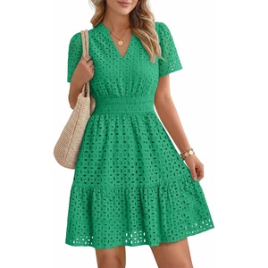 image:imageLILLUSORY Womens Eyelet Dress 2026 Summer Mini V Neck A Line Knee Length Lace Hollow Out Cute Casual Beach Vacation OutfitGreen