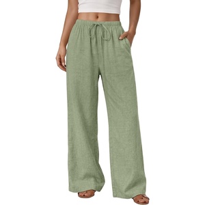 image:imageLILLUSORY Womens Linen Summer Flowy Wide Leg Beach Palazzo Pants with PocketsGreen