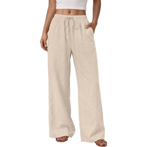 image:imageLILLUSORY Womens Linen Summer Flowy Wide Leg Beach Palazzo Pants with PocketsKhaki