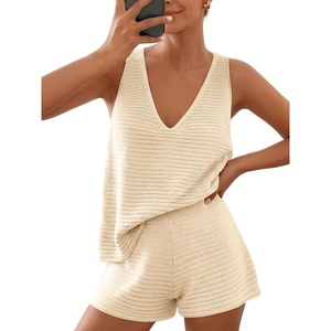 image:imageLILLUSORY Womens Summer 2 Piece Vacation Short Sets Matching V Neck Cute Beach Outfits 2026 Lounge Coastal Set Knit PajamasApricot