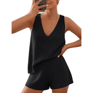 image:imageLILLUSORY Womens Summer 2 Piece Vacation Short Sets Matching V Neck Cute Beach Outfits 2026 Lounge Coastal Set Knit PajamasBlack