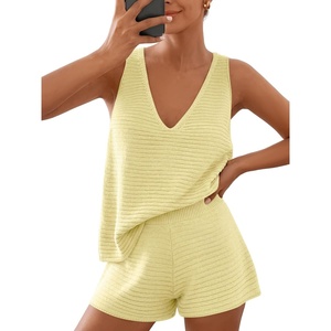 image:imageLILLUSORY Womens Summer 2 Piece Vacation Short Sets Matching V Neck Cute Beach Outfits 2026 Lounge Coastal Set Knit PajamasYellow