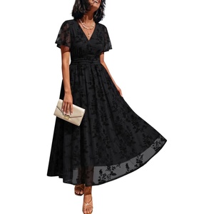 image:imageLILLUSORY Womens Summer Floral Maxi Dress Short Sleeve V Neck Wedding Guest Long Dresses with PocketsBlack