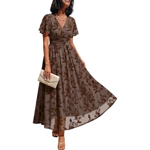 image:imageLILLUSORY Womens Summer Floral Maxi Dress Short Sleeve V Neck Wedding Guest Long Dresses with PocketsBrown