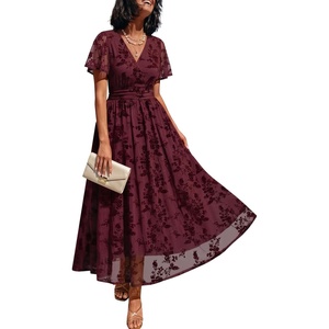 image:imageLILLUSORY Womens Summer Floral Maxi Dress Short Sleeve V Neck Wedding Guest Long Dresses with PocketsBurgundy