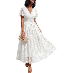 image:imageLILLUSORY Womens Summer Floral Maxi Dress Short Sleeve V Neck Wedding Guest Long Dresses with PocketsWhite