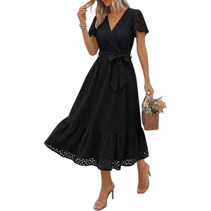 image:imageLILLUSORY Womens Summer Midi Dress Short Sleeve V Neck Hollow Out Eyelet A Line Long Flowy Vacation Dresses with PocketsBlack