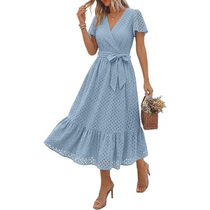 image:imageLILLUSORY Womens Summer Midi Dress Short Sleeve V Neck Hollow Out Eyelet A Line Long Flowy Vacation Dresses with PocketsLight Blue