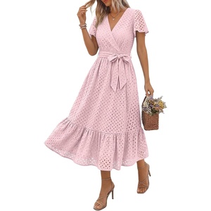 image:imageLILLUSORY Womens Summer Midi Dress Short Sleeve V Neck Hollow Out Eyelet A Line Long Flowy Vacation Dresses with PocketsPink