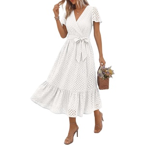 image:imageLILLUSORY Womens Summer Midi Dress Short Sleeve V Neck Hollow Out Eyelet A Line Long Flowy Vacation Dresses with PocketsWhite