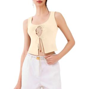 imageREORIA UNeck Adjustable TieFront Crop Top Soft Fabric Y2K Sexy Sleeveless Tops 2025 SpringSummer Designer CollectionButtercream