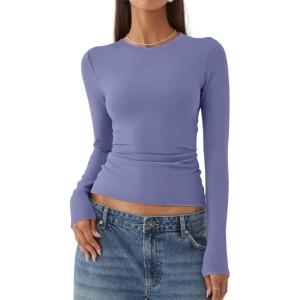 imageREORIA Womens Fashion Long Sleeve Shirts Crew Neck Layering Basic Tee Slim Fitted Lightweight Going Out TopsBlue Nova