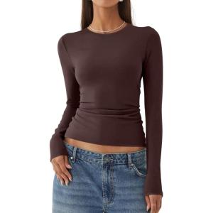 imageREORIA Womens Fashion Long Sleeve Shirts Crew Neck Layering Basic Tee Slim Fitted Lightweight Going Out TopsCocoa