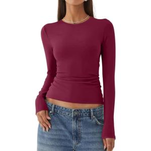 imageREORIA Womens Fashion Long Sleeve Shirts Crew Neck Layering Basic Tee Slim Fitted Lightweight Going Out TopsDark Red