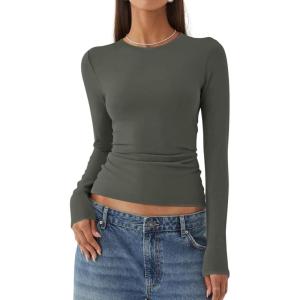 imageREORIA Womens Fashion Long Sleeve Shirts Crew Neck Layering Basic Tee Slim Fitted Lightweight Going Out TopsGrey Green