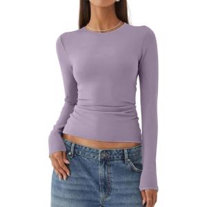imageREORIA Womens Fashion Long Sleeve Shirts Crew Neck Layering Basic Tee Slim Fitted Lightweight Going Out TopsHazy Lilac