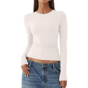 imageREORIA Womens Fashion Long Sleeve Shirts Crew Neck Layering Basic Tee Slim Fitted Lightweight Going Out TopsOffwhite