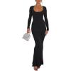 imageREORIA Womens Basic Sexy Square Neck Long Sleeve Soft Lounge Long Dress Fall Casual Ribbed Bodycon Maxi DressesBlack