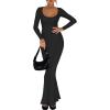 imageREORIA Womens Basic Sexy Square Neck Long Sleeve Soft Lounge Long Dress Fall Casual Ribbed Bodycon Maxi DressesBlack