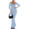 imageREORIA Womens Basic Sexy Square Neck Long Sleeve Soft Lounge Long Dress Fall Casual Ribbed Bodycon Maxi DressesBlue