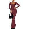 imageREORIA Womens Basic Sexy Square Neck Long Sleeve Soft Lounge Long Dress Fall Casual Ribbed Bodycon Maxi DressesBurgundy