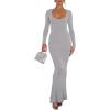 imageREORIA Womens Basic Sexy Square Neck Long Sleeve Soft Lounge Long Dress Fall Casual Ribbed Bodycon Maxi DressesLight Grey
