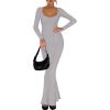 imageREORIA Womens Basic Sexy Square Neck Long Sleeve Soft Lounge Long Dress Fall Casual Ribbed Bodycon Maxi DressesLight Grey