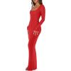 imageREORIA Womens Basic Sexy Square Neck Long Sleeve Soft Lounge Long Dress Fall Casual Ribbed Bodycon Maxi DressesRed