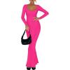 imageREORIA Womens Basic Sexy Square Neck Long Sleeve Soft Lounge Long Dress Fall Casual Ribbed Bodycon Maxi DressesRose Red