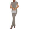 imageREORIA Womens Basic Summer Casual Lounge Long Dress Elegant Short Sleeve Crew Neck Bodycon Maxi DressesAntique Pewter