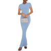 imageREORIA Womens Basic Summer Casual Lounge Long Dress Elegant Short Sleeve Crew Neck Bodycon Maxi DressesBlue