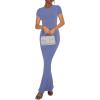imageREORIA Womens Basic Summer Casual Lounge Long Dress Elegant Short Sleeve Crew Neck Bodycon Maxi DressesBlue Nova