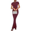 imageREORIA Womens Basic Summer Casual Lounge Long Dress Elegant Short Sleeve Crew Neck Bodycon Maxi DressesBurgundy