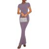 imageREORIA Womens Basic Summer Casual Lounge Long Dress Elegant Short Sleeve Crew Neck Bodycon Maxi DressesHazy Lilac