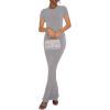 imageREORIA Womens Basic Summer Casual Lounge Long Dress Elegant Short Sleeve Crew Neck Bodycon Maxi DressesLight Grey