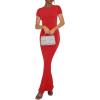 imageREORIA Womens Basic Summer Casual Lounge Long Dress Elegant Short Sleeve Crew Neck Bodycon Maxi DressesRed