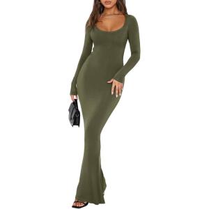 imageREORIA Womens Basic Sexy Square Neck Long Sleeve Soft Lounge Long Dress Fall Casual Ribbed Bodycon Maxi DressesOlive Green