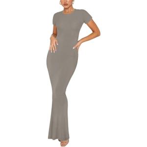 imageREORIA Womens Basic Summer Casual Lounge Long Dress Elegant Short Sleeve Crew Neck Bodycon Maxi DressesAntique Pewter