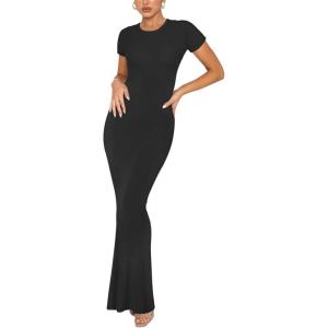 imageREORIA Womens Basic Summer Casual Lounge Long Dress Elegant Short Sleeve Crew Neck Bodycon Maxi DressesBlack