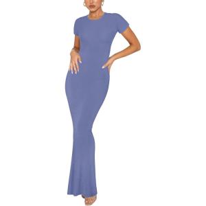 imageREORIA Womens Basic Summer Casual Lounge Long Dress Elegant Short Sleeve Crew Neck Bodycon Maxi DressesBlue Nova