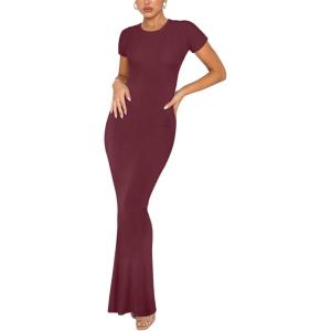 imageREORIA Womens Basic Summer Casual Lounge Long Dress Elegant Short Sleeve Crew Neck Bodycon Maxi DressesBurgundy