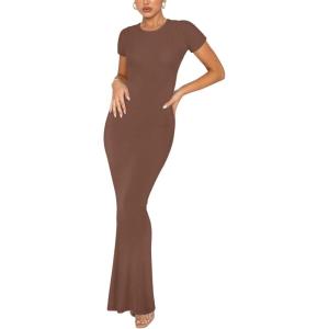 imageREORIA Womens Basic Summer Casual Lounge Long Dress Elegant Short Sleeve Crew Neck Bodycon Maxi DressesCoffee