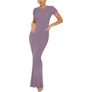 imageREORIA Womens Basic Summer Casual Lounge Long Dress Elegant Short Sleeve Crew Neck Bodycon Maxi DressesHazy Lilac