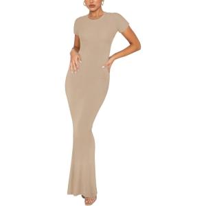 imageREORIA Womens Basic Summer Casual Lounge Long Dress Elegant Short Sleeve Crew Neck Bodycon Maxi DressesKhaki